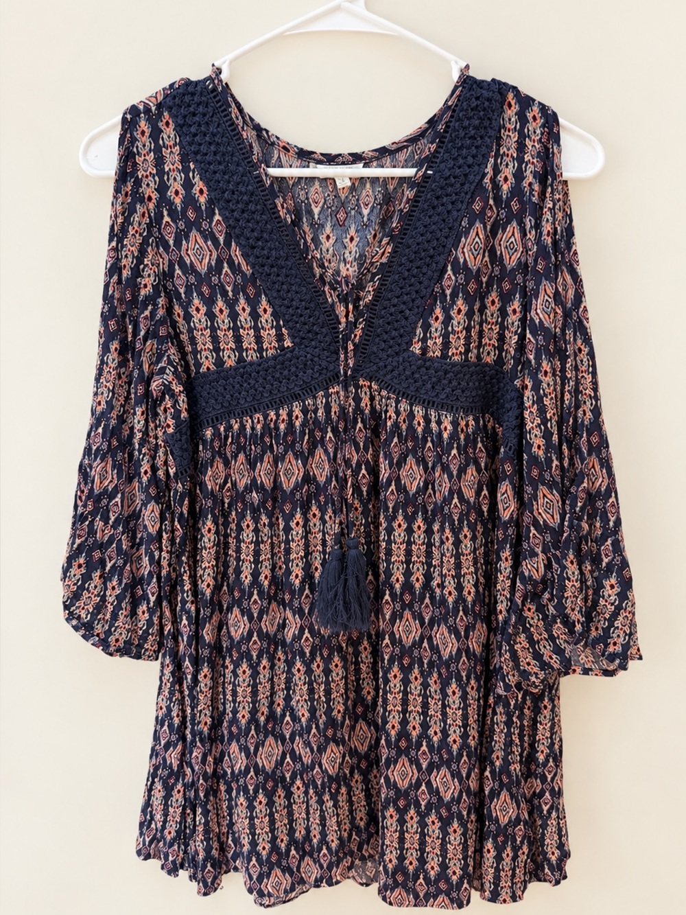En Creme Navy and Pink Boho V‑Neck Tunic Dress with Crochet Trim